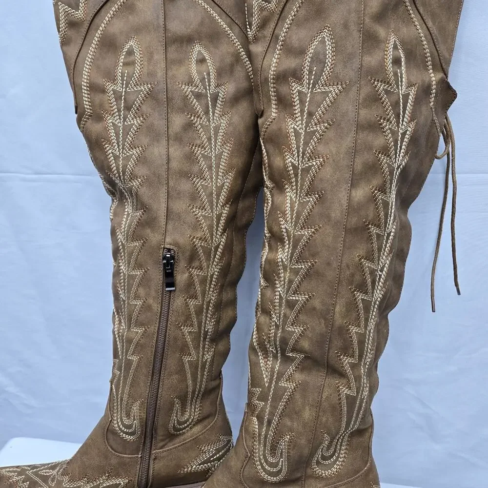 Brown Embroidered Thigh-High Over-the-Knee Cowboy Back Lace-Up Boots Size 6
